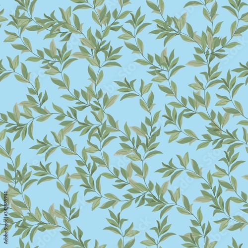 Green tender twigs on a light blue background. Seamless vector floral pattern. Square spring template for fabric  wallpaper and design.