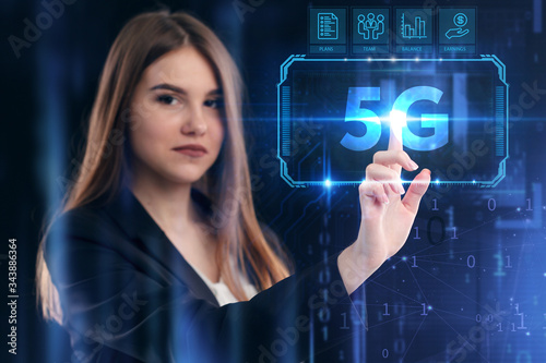Business, Technology, Internet and network concept. Young businessman working on a virtual screen of the future and sees the inscription: 5G