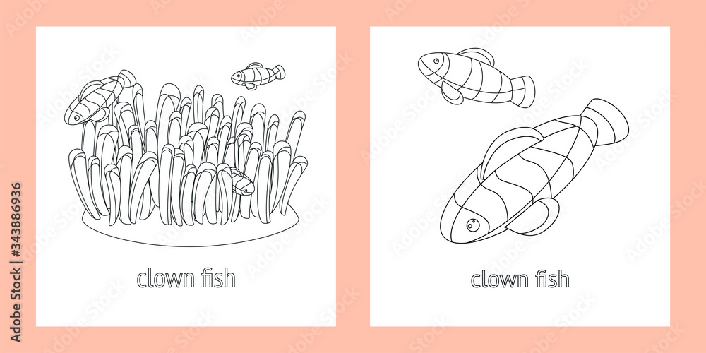 two templates for baby coloring. clown fishes swimming in the coral. linear style