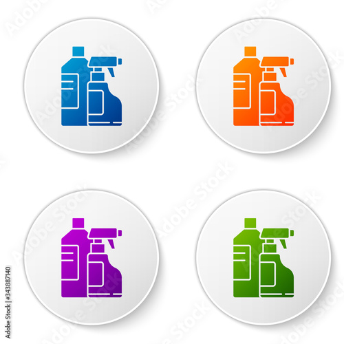 Color Plastic bottles for laundry detergent, bleach, dishwashing liquid or another cleaning agent icon isolated on white background. Set icons in circle buttons. Vector Illustration