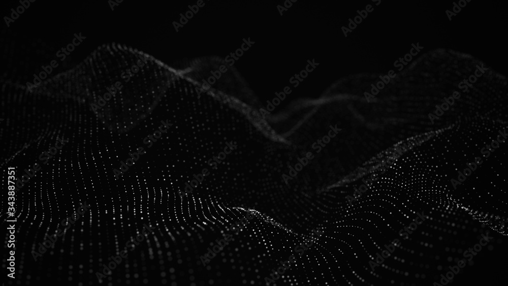 Wave 3d. Wave of particles. Abstract Black Geometric Background. Big data visualization. Data technology abstract futuristic illustration. 3d rendering. - obrazy, fototapety, plakaty 