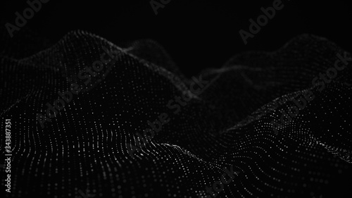 Wave 3d. Wave of particles. Abstract Black Geometric Background. Big data visualization. Data technology abstract futuristic illustration. 3d rendering.
