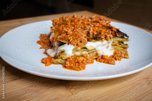 Delicious homemade Italian style lasagna made with meat sauce and mozzarella cheese