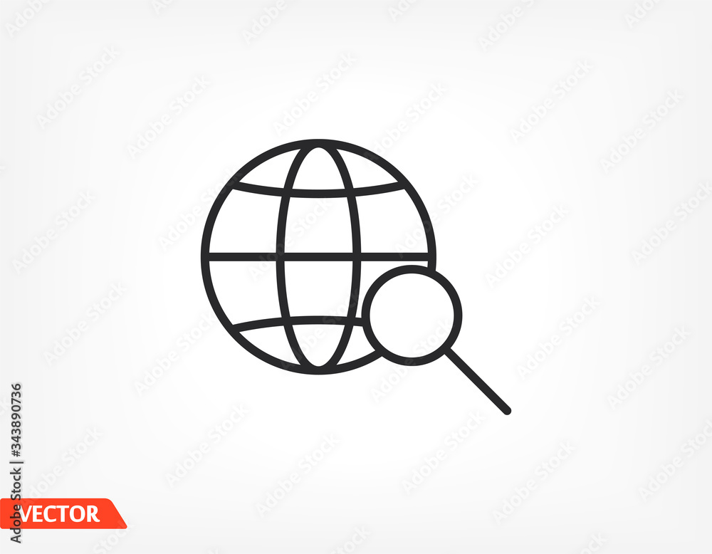 Globe magnifier black vector icon line linear style on the background. Best icon 10 eps illustration Globe magnifier black vector icon line linear style on the background. Best icon 10 eps illustration