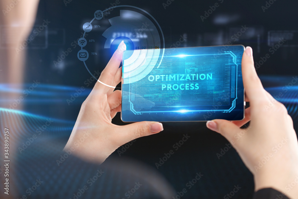 Obraz premium Business, Technology, Internet and network concept. Young businessman working on a virtual screen of the future and sees the inscription: Optimization process