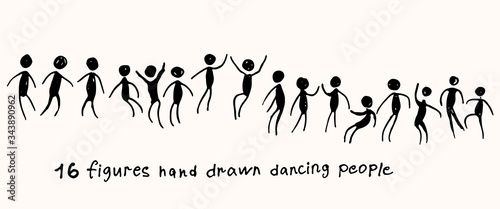 Vector illustration. 16 figures hand drawn dancing people. Set of Doodle People Move. Hand draw black marker art.
