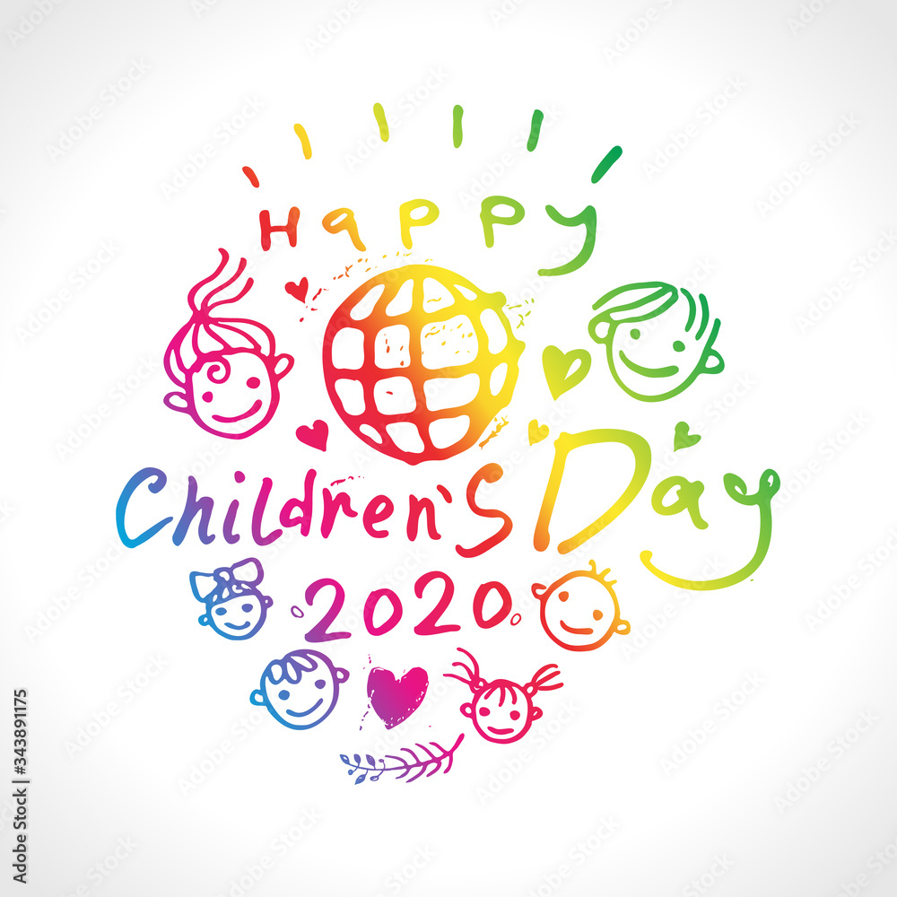 Happy children's day. Bright rainbow colors logo. Joyful smiling boys and  girls template to the International Children's Day 2020. Vector inscription  and globe and funny kids. Stock Vector | Adobe Stock