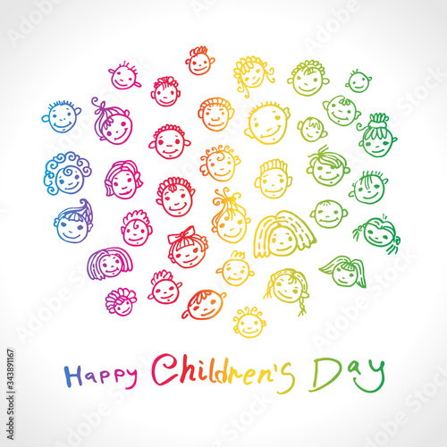 Happy Children s Day. Day for the Protection of Children. Bright rainbow colors logo. Vector illustration. Set of Doodle smiling baby faces. Hand draw marker art.