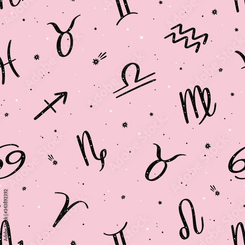 Seamless vector pattern with black zodiac signs on pink background. Space background.