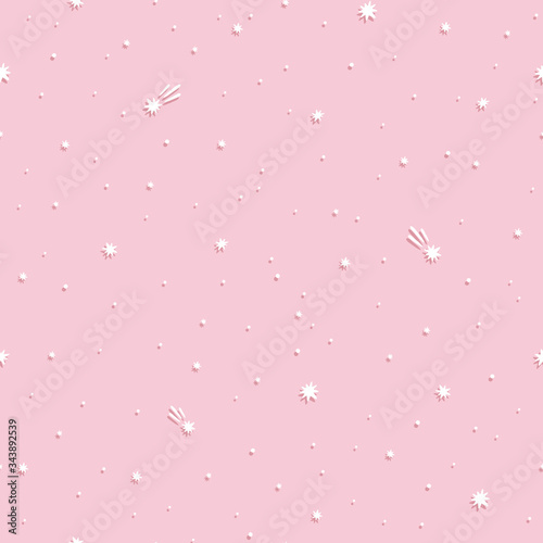Seamless vector pattern of starry sky on pink background. Cute stars and comets. Space background.