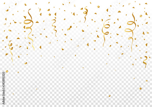 Gold serpentine and many glittering confetti elements fall down and scatter. Template for greeting card, birthday, sale and other design.