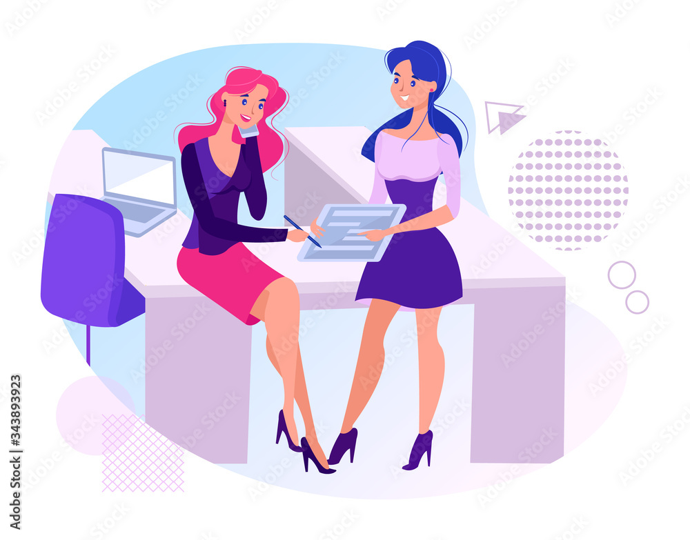 Two businesswoman working at office with laptop isolated on white, cartoon, vector, illustration. Flat design creative working process between business people. Modern workflow management business Two businesswoman working at office with laptop isolated on white, cartoon, vector, illustration. Flat design creative working process between business people. Modern workflow management business