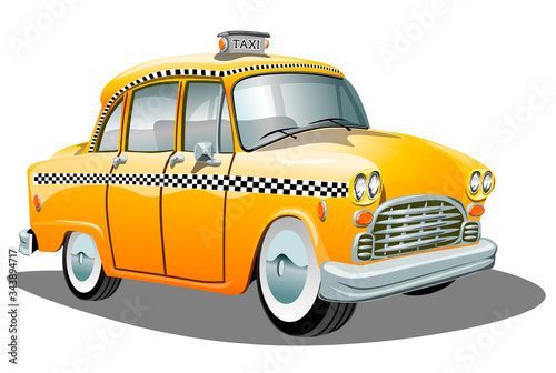 Old retro cartoon yellow taxi car. Vector illustration on a white background.