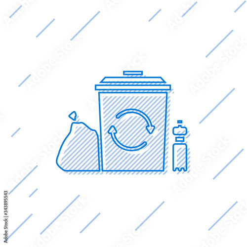Blue line Recycle bin with recycle symbol icon isolated on white background. Trash can icon. Garbage bin sign. Recycle basket.  Vector Illustration