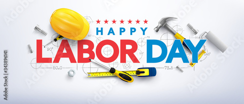 Labor Day poster template.International Workers' Day celebration with Yellow safety hard hat and construction tools.Sale promotion advertising Poster or Banner for Labor Day photo