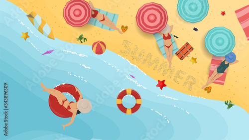 banner summer vacation on the beach girls in swimsuits lie sunbathing under an umbrella and in the water on an inflatable circle on the beach for design flat vector illustration