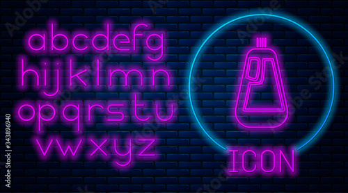 Glowing neon Plastic bottle for liquid laundry detergent, bleach, dishwashing liquid icon isolated on brick wall background. Neon light alphabet. Vector Illustration