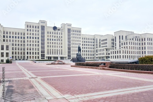 Minsk, Belarus - March 2020. Government parliament building and Lenin statue on Independence square. The central square of Minsk and the government building with a monument to Lenin