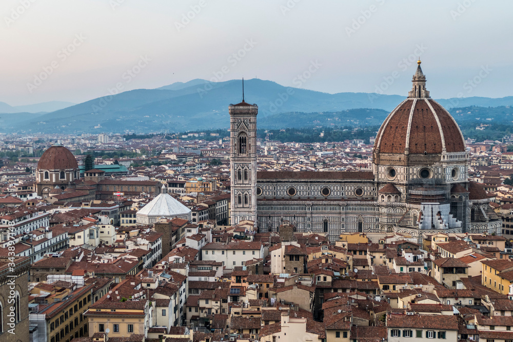 Aerial view of Cathedral of Santa Maria del Fiore in Florence at sunset