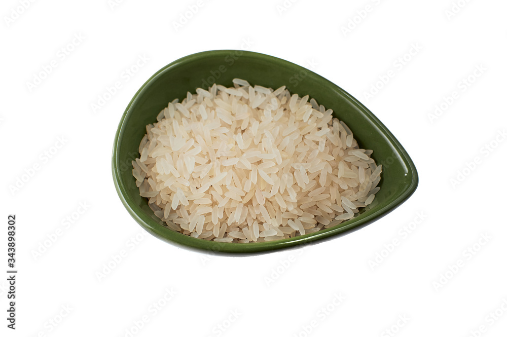 Green bowl of white rice grains isolated on white background, top view Green bowl of white rice grains isolated on white background, top view