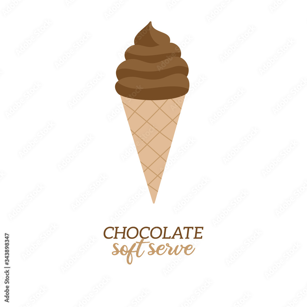 Classic soft serve chocolate ice cream vector illustration. Sweet dairy or vegan chocolate flavored ice cream in waffle cone. Isolated.  