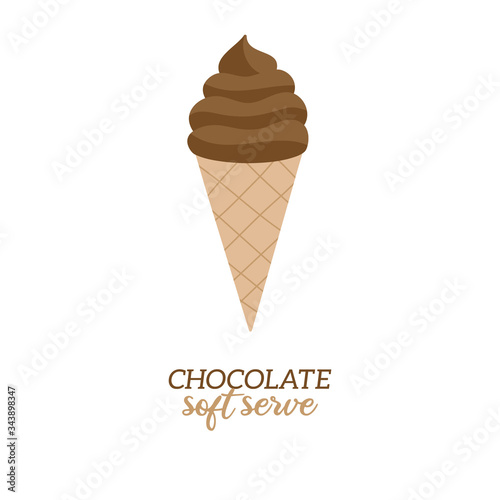 Classic soft serve chocolate ice cream vector illustration. Sweet dairy or vegan chocolate flavored ice cream in waffle cone. Isolated. 