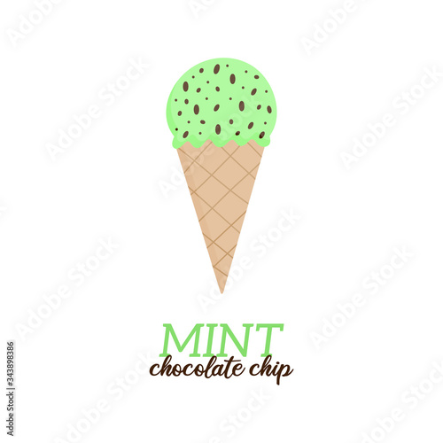 Mint chocolate chip ice cream vector illustration. Sweet dairy or vegan mint with chocolate chips flavored ice cream in waffle cone. Isolated.  
