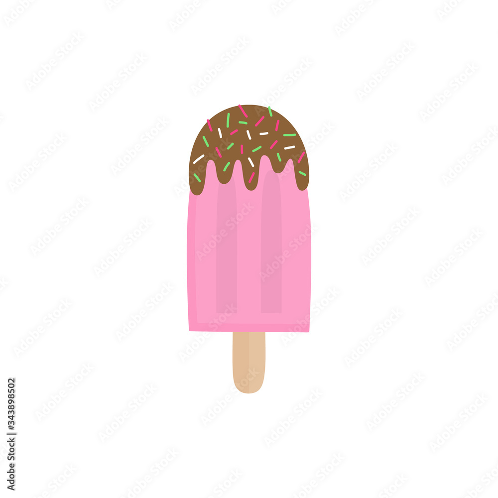 Strawberry popsicle vector illustration. Ice lolly with fruit flavor on stick. Summer sweet frozen dessert with chocolate icing and sprinkles. Isolated. Strawberry popsicle vector illustration. Ice lolly with fruit flavor on stick. Summer sweet frozen dessert with chocolate icing and sprinkles. Isolated.