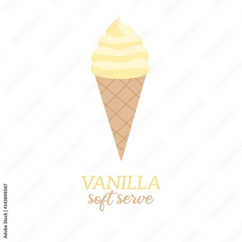 Classic soft serve vanilla ice cream vector illustration. Sweet dairy or vegan vanilla flavored ice cream in waffle cone. Isolated.  