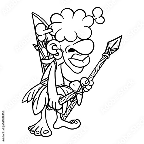 Tribesman goes to hunting with bow and spear wearing leaf clothes Coloring Book Cartoon Vector