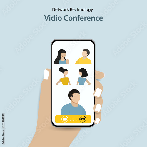 People group talking together on video conference app phone call. Hand holding phone showing faces. Collective mobile team group call video conferencing communication. Flat vector illustration