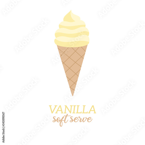 Classic soft serve vanilla ice cream vector illustration. Sweet dairy or vegan vanilla flavored ice cream in waffle cone. Isolated. 