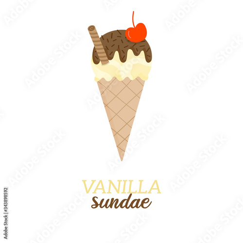 Vanilla sundae scoop ice cream vector illustration. Sweet dairy or vegan vanilla flavored ice cream with chocolate drizzle and sprinkles and cherry on top in waffle cone. Isolated. 