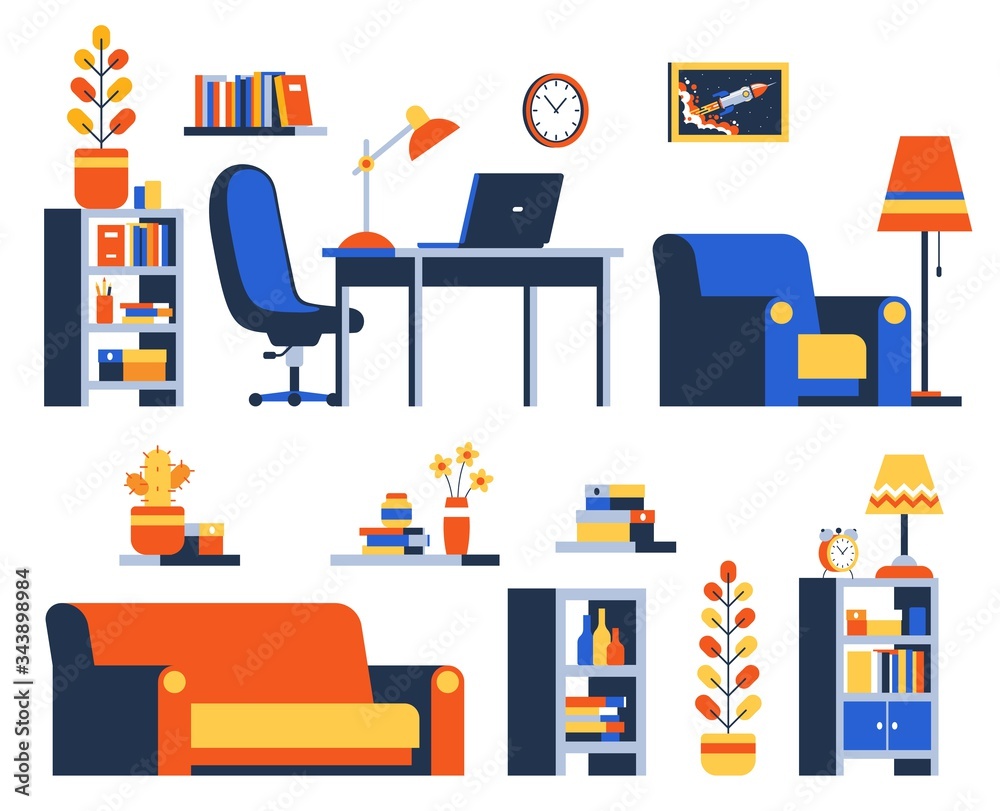Home Accessories and Furniture - interior flat elements set. Vector illustration.