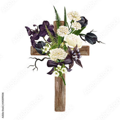 Christian wooden cross decorated with flowers and leaves photo