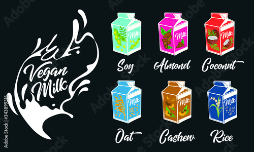 Vegan milk: soy, rice, oatmeal, coconut, cashew, almonds. Lactose free. Agricultural product. Vector illustration isolated on black. Natural, vegetable, environmentally friendly product