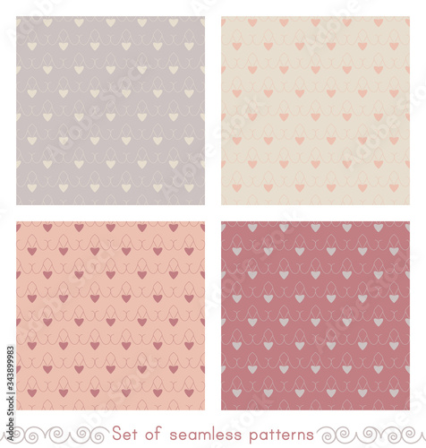 Set of seamless patterns with little hearts. Color grey, red , orange and cream ivory. Pastel colors. Vector.