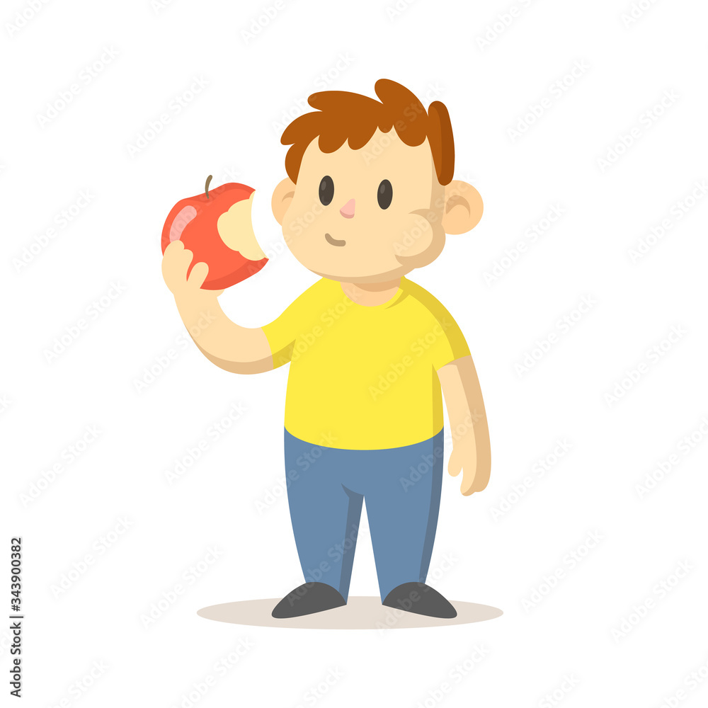 Kid eating big red apple. Colorful flat vector illustration, isolated on white background.