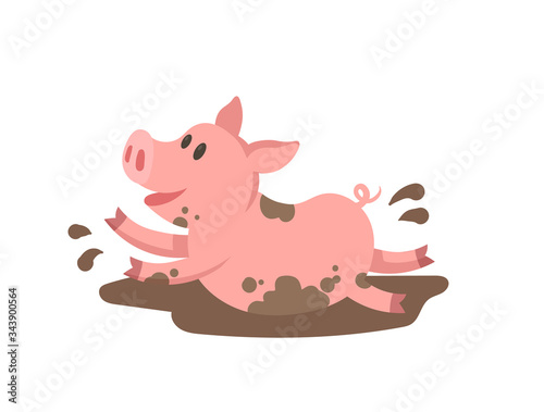 Cute happy pink pig bathing in mud, cartoon character. Colorful flat vector illustration, isolated on white background.