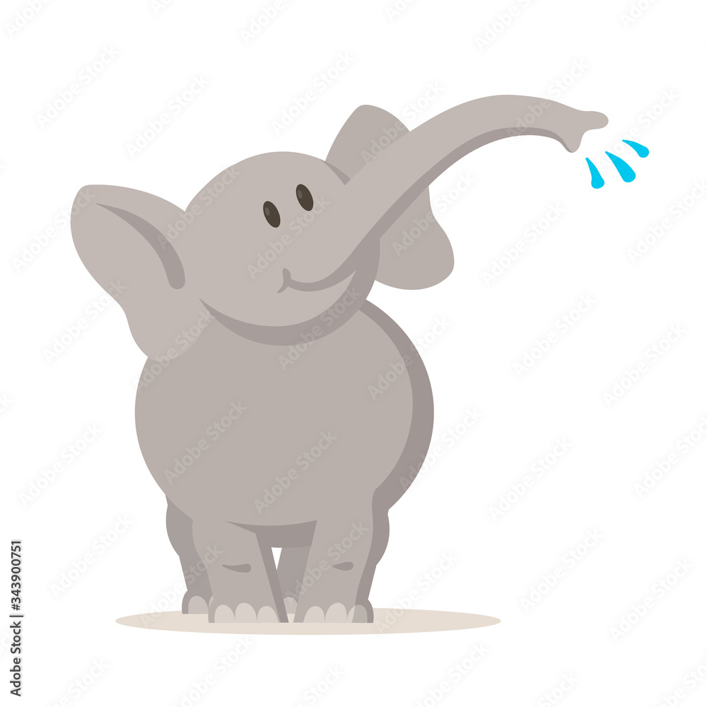 Smiling elephant playing with water, cartoon character. Colorful flat vector illustration, isolated on white background. Smiling elephant playing with water, cartoon character. Colorful flat vector illustration, isolated on white background.