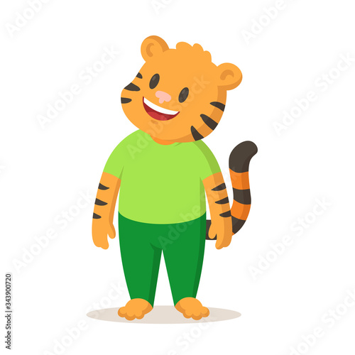 Cute cartoon smiling tiger standing, cartoon character. Colorful flat vector illustration, isolated on white background. photo