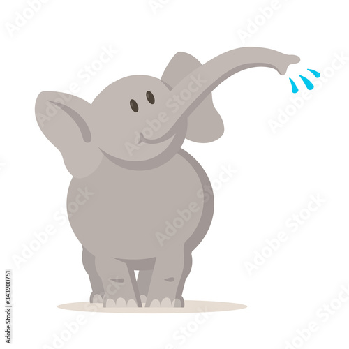 Smiling elephant playing with water  cartoon character. Colorful flat vector illustration  isolated on white background.