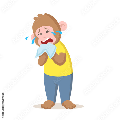 Sad monkey crying out loud, cartoon character. Colorful flat vector illustration, isolated on white background.