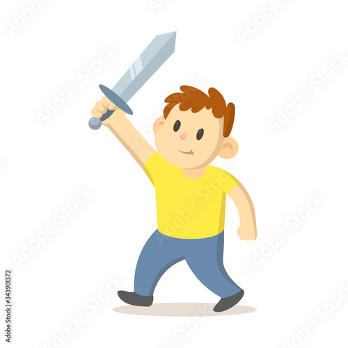 Casually dressed boy holding sword above his head, cartoon character. Kids playing, childhood games. Colorful flat vector illustration, isolated on white background.