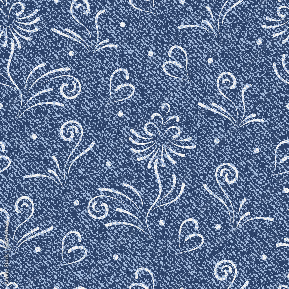 Vector Denim floral background. Jeans background with abstract flowers. Denim seamless pattern. Blue jeans cloth.
