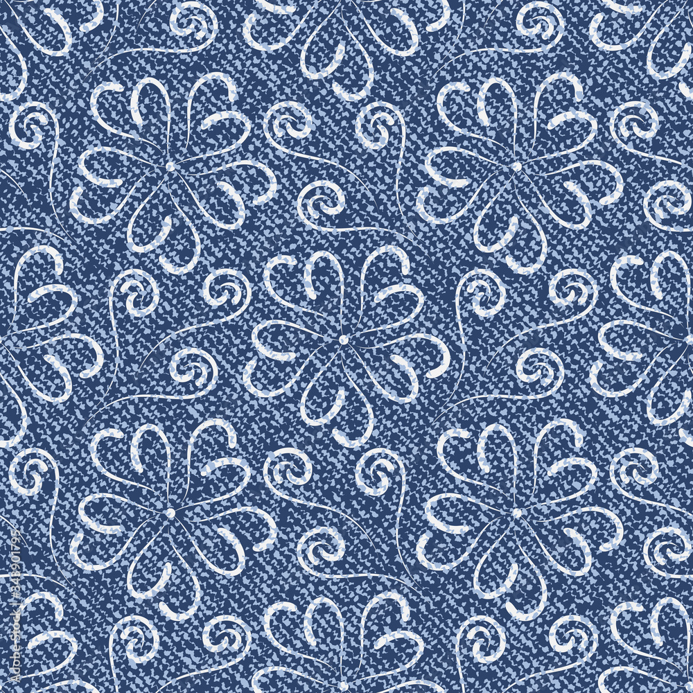 Vector Denim floral background. Jeans background with abstract flowers. Denim seamless pattern. Blue jeans cloth.

