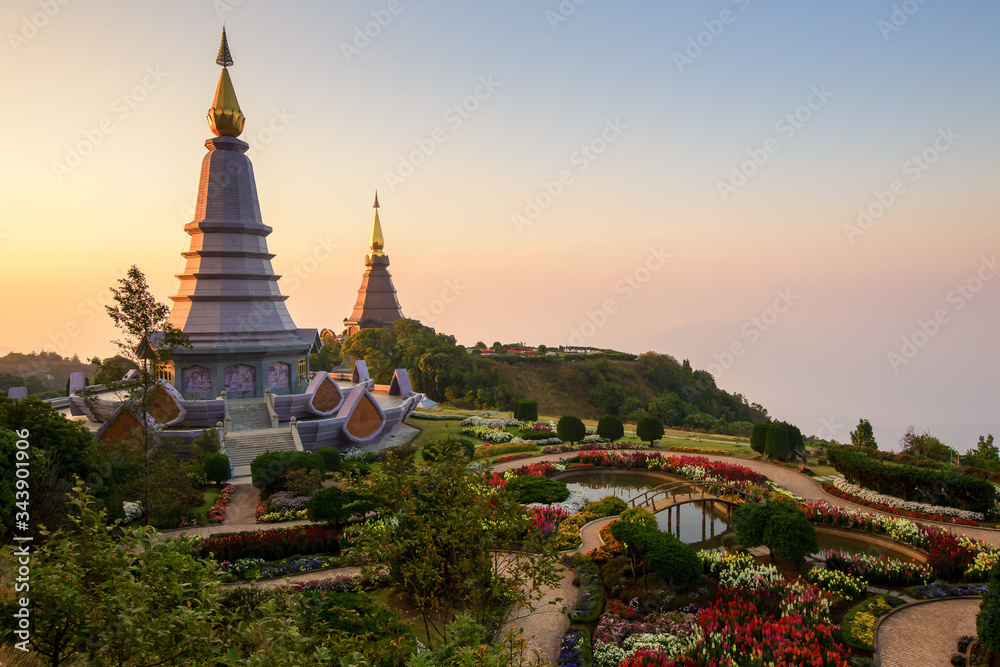 Landscape of two pagodas Noppamethanedol & Noppapol Phumsiri in an Inthanon mountain, Thailand.
