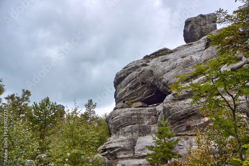 Rock formations seen from Rock Labyrinth hiking trail nearby Szczeliniec Wielki peak in Table Mountains, Poland