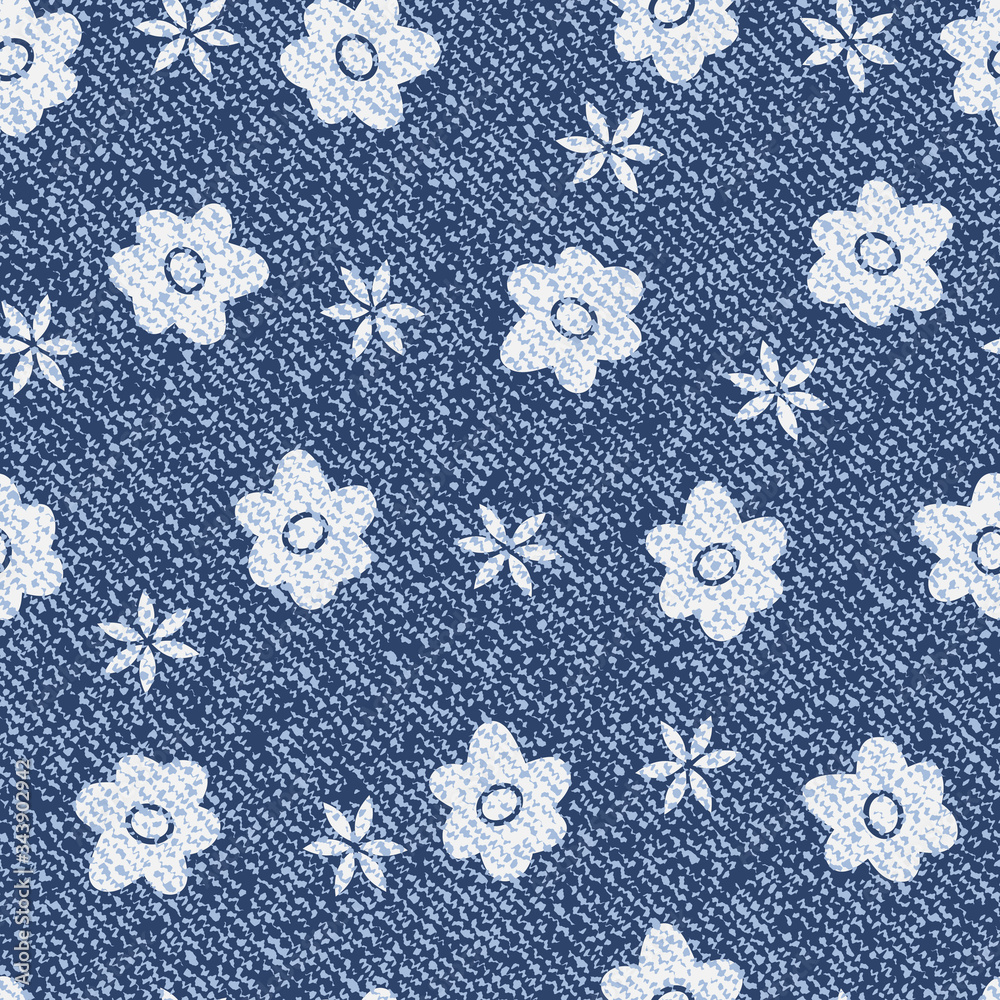 Vector Daisies. Denim floral background. Jeans background with flowers. Denim seamless pattern. Blue jeans cloth.
