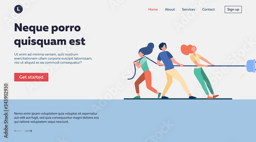 Groups of people pulling rope in tug of war play. Struggling team competing with each other. Vector illustration for game, contest, competition, confrontation concept